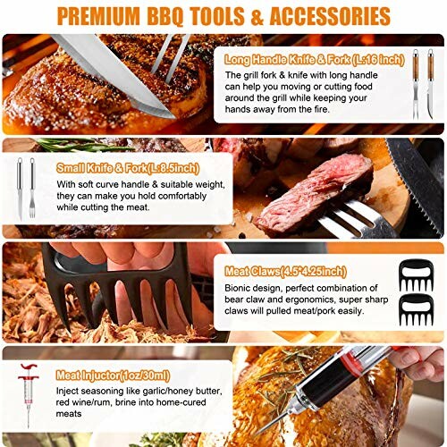 Premium BBQ tools and accessories with knives, meat claws, and injector.