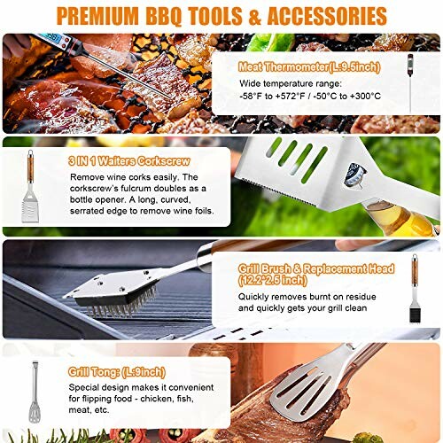 Premium BBQ tools and accessories including a meat thermometer, waiters corkscrew, grill brush, and grill tong.