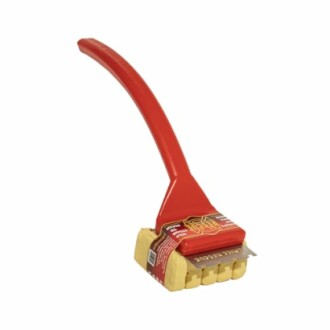 Red grill brush with a long handle and scraper