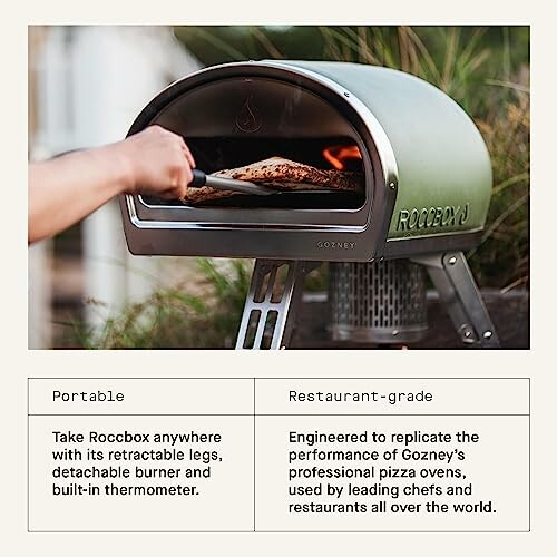 Person using Roccbox portable pizza oven with features listed below.