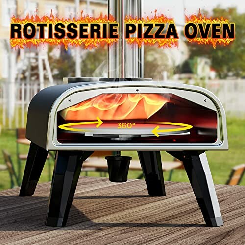 Rotisserie pizza oven with flames and 360-degree rotation.