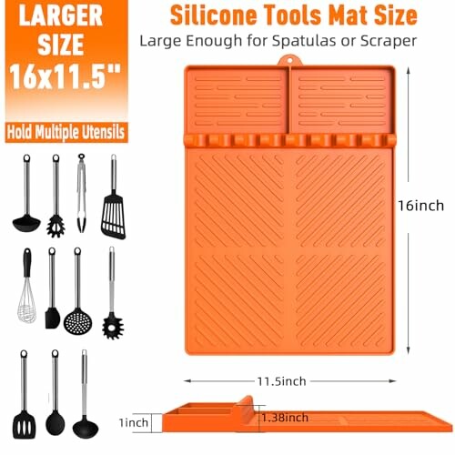 Orange silicone tools mat with utensil holders and dimensions.