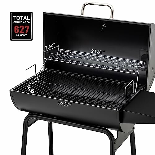 Open smoker grill with dimensions labeled on racks and cooking area.