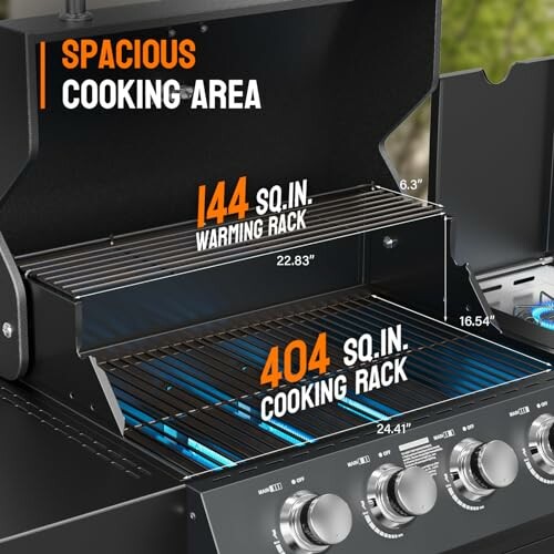 Grill with spacious cooking and warming racks, 404 sq. in. cooking rack, 144 sq. in. warming rack.