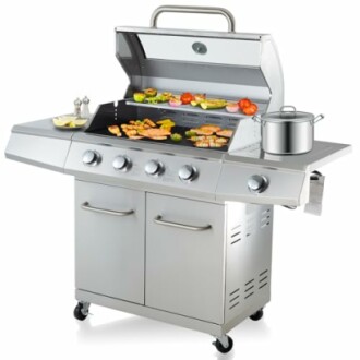 Stainless steel gas grill with food and cooking pot.