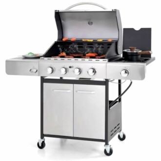 Stainless steel gas grill with multiple burners and food cooking.