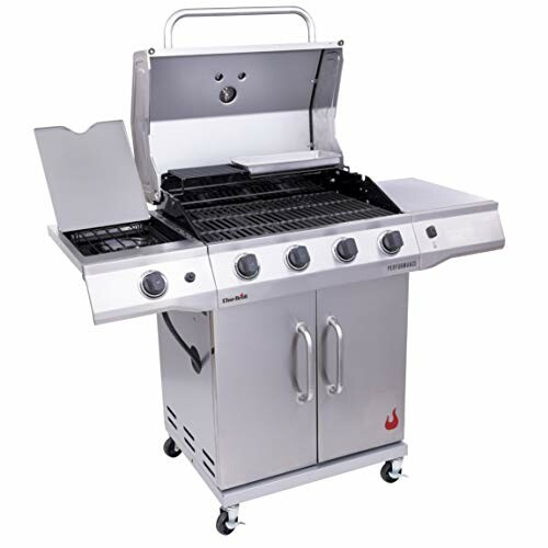 Stainless steel gas grill with multiple burners and storage