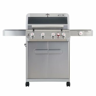 Stainless steel gas grill with multiple burners and storage cabinet.