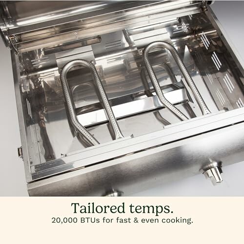 Stainless steel grill burner with 20,000 BTUs for even cooking.