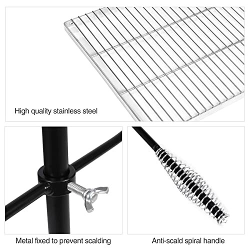 Stainless steel grill rack with metal fixings and anti-scald spiral handle, showcasing its quality and safety features.