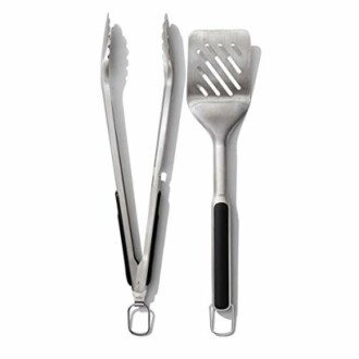 Stainless steel tongs and spatula set.