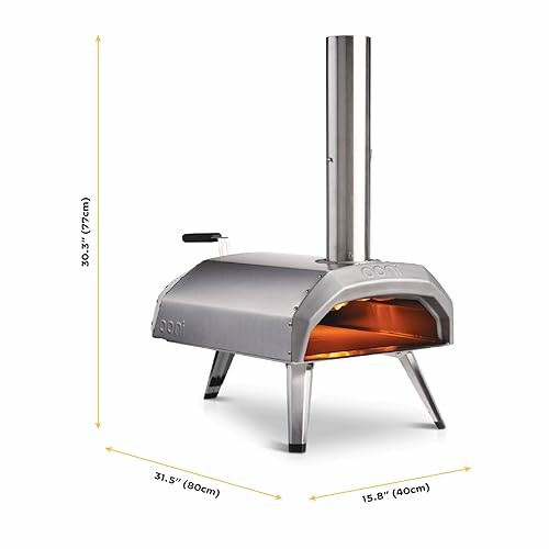 Portable steel pizza oven with chimney and legs.