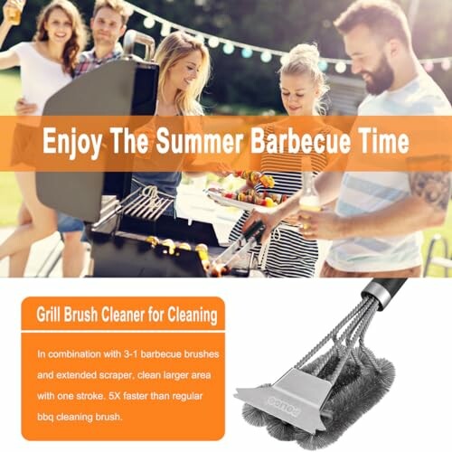 Group enjoying a summer barbecue with grill brush cleaner advertisement.