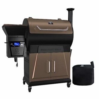 Wood pellet grill with cover on wheels