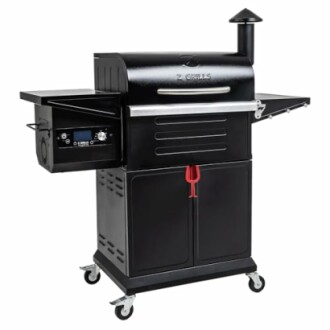 Z Grills wood pellet grill with side shelves and chimney