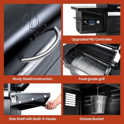 Collage showing Z Grills features: PID controller, steel construction, food grade grill, side shelf with hooks, grease bucket.